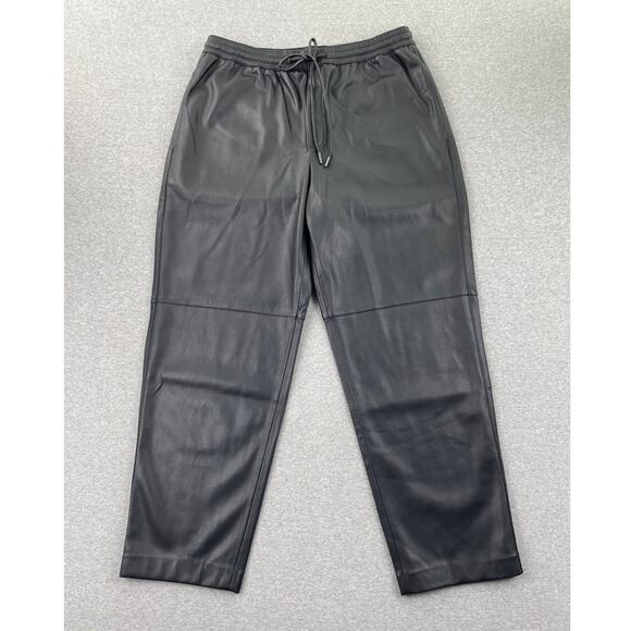 MANGO Womens Faux Leather Pants Large Black Tapered Leg Drawstring Waist Pull On - Picture 3 of 16